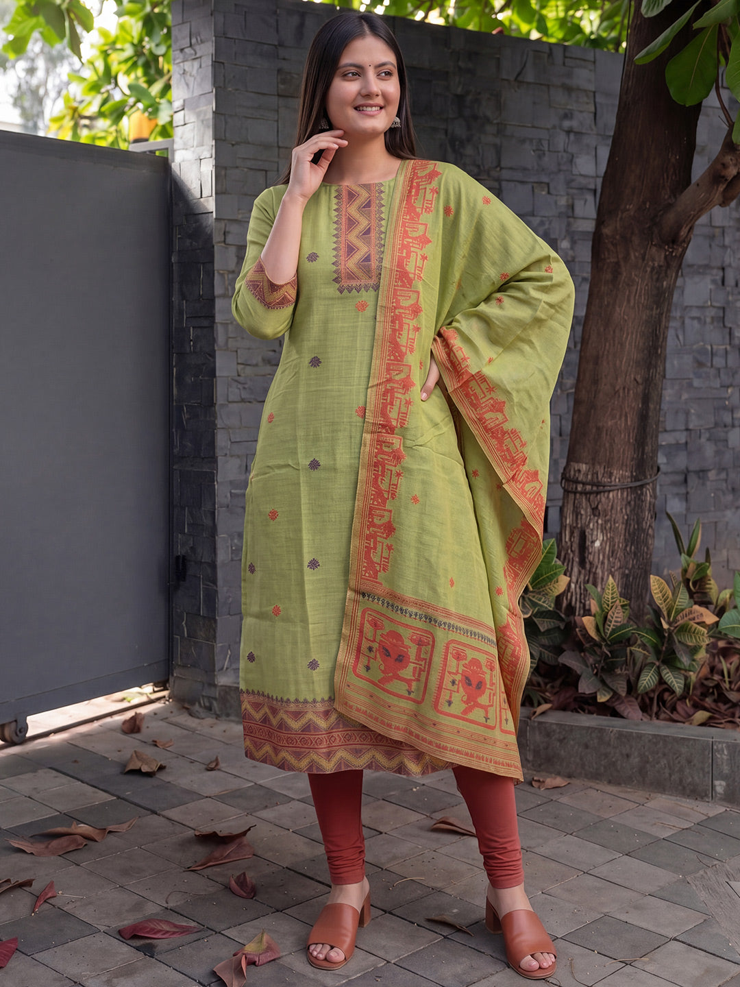 Olive green jamdani cotton weaving suit
