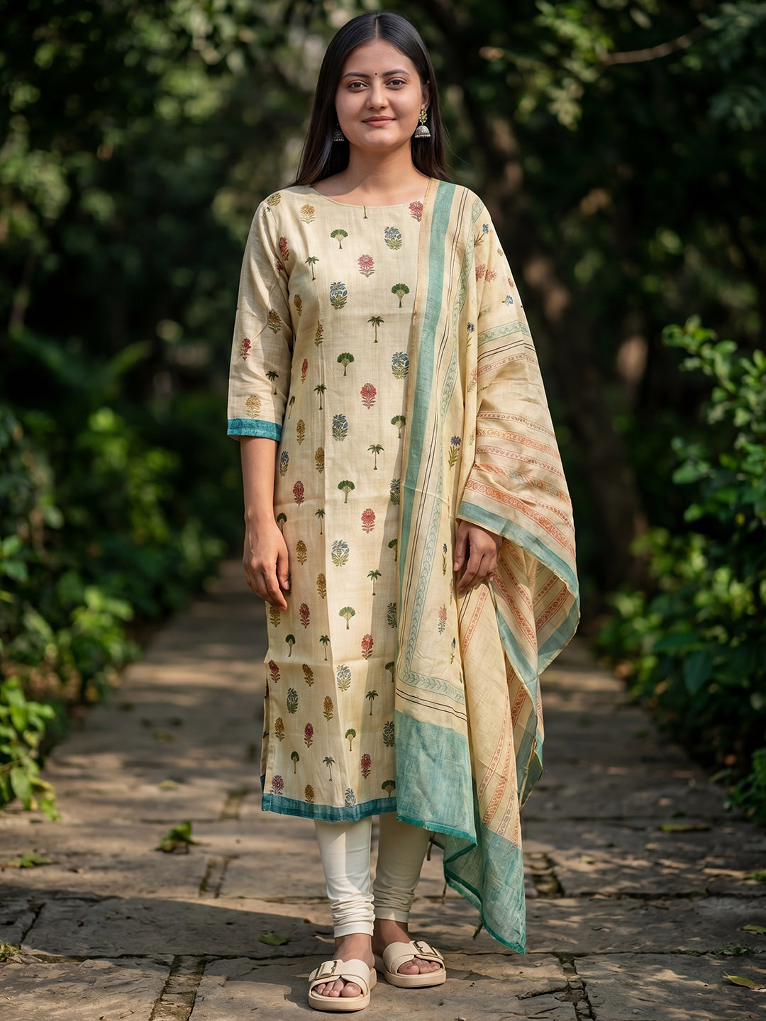 Cream Jamdani Cotton Festive Kurta And Dupatta