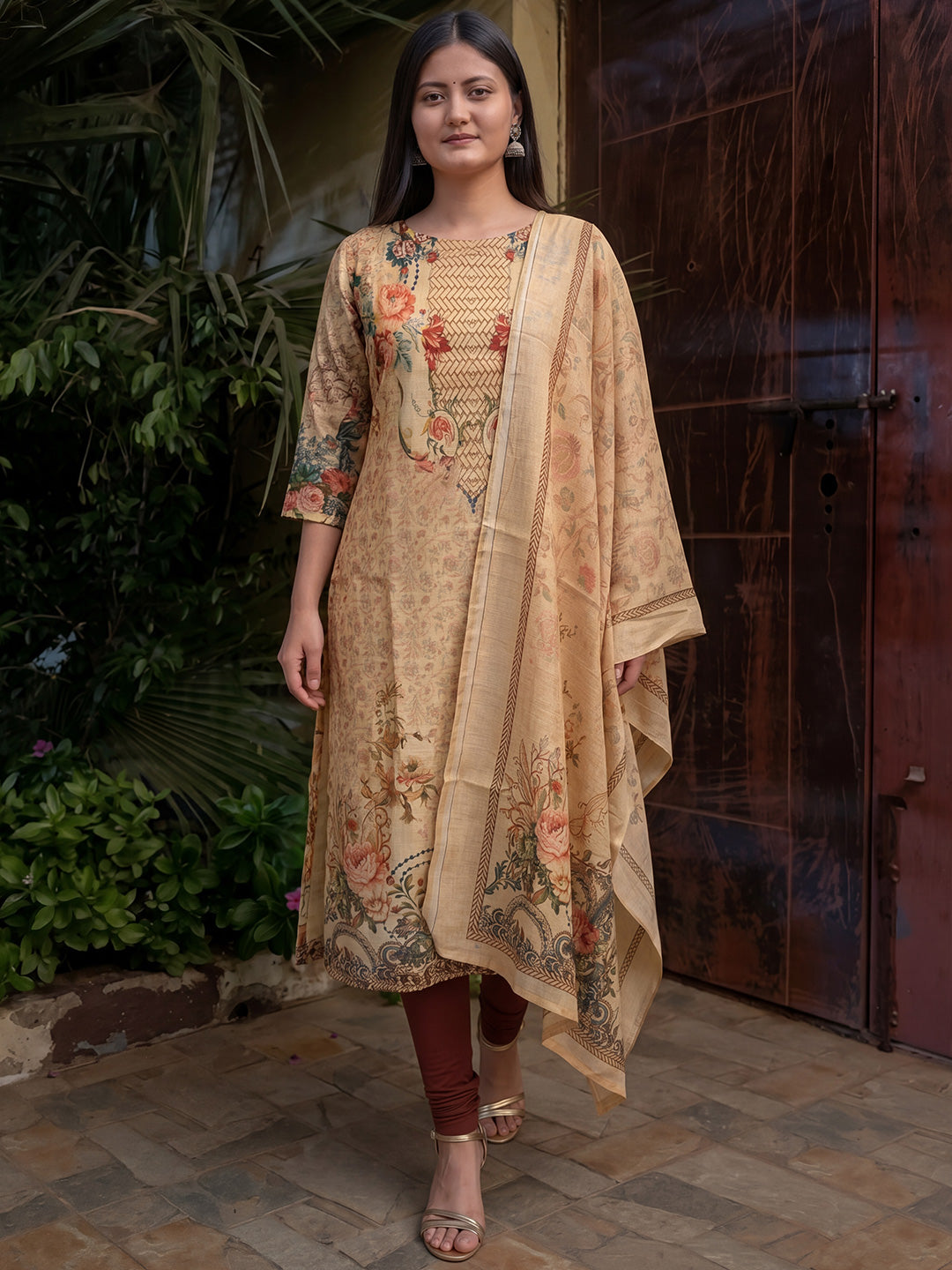 Beige Jamdani Cotton Straight Fit Festive Kurta And Dupatta