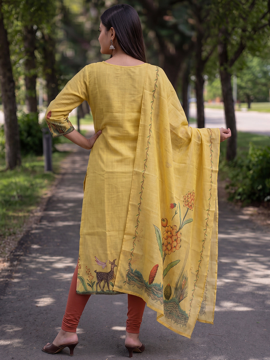 Yellow Jamdani Cotton Straight Fit Festive Kurta And Dupatta