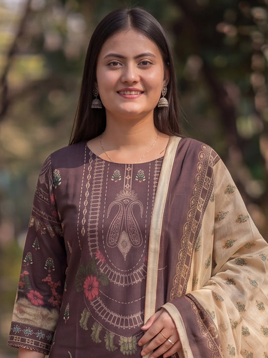 Brown Jamdani Cotton Straight Fit Festive Kurta And Dupatta