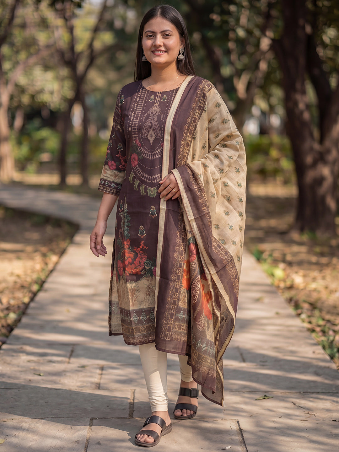 Brown Jamdani Cotton Straight Fit Festive Kurta And Dupatta