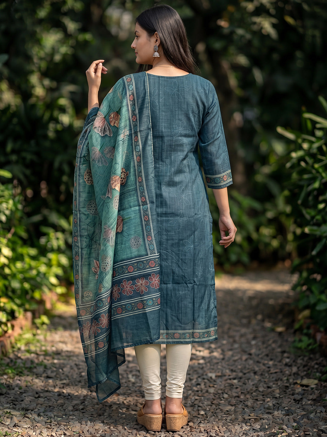 Blue Jamdani Cotton Straight Fit Festive Kurta And Dupatta