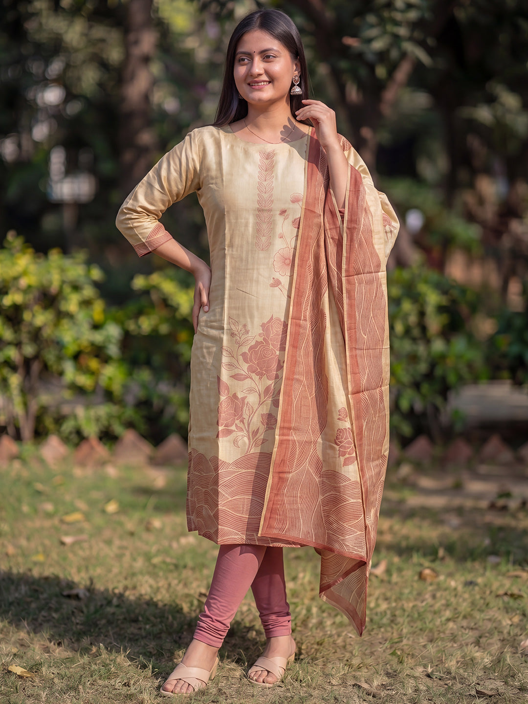 Beige Jamdani Cotton Straight Fit Festive Kurta And Dupatta