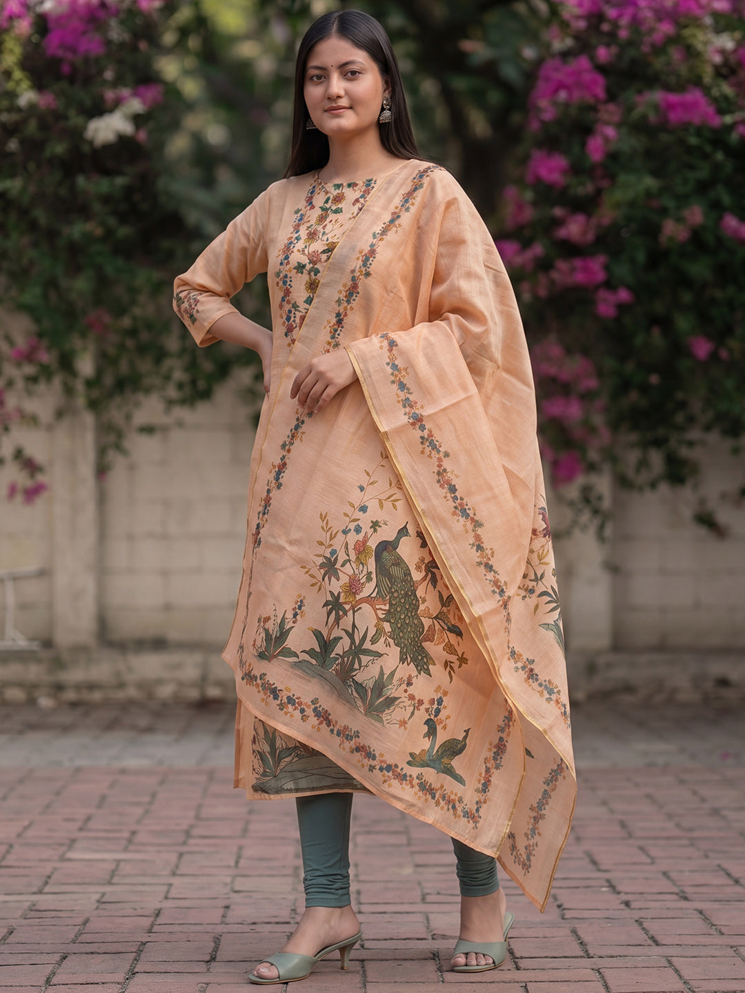 Peach Jamdani Cotton Straight Fit Festive Kurta And Dupatta