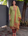 Olive Green Jamdani Cotton Straight Fit Festive Kurta And Dupatta