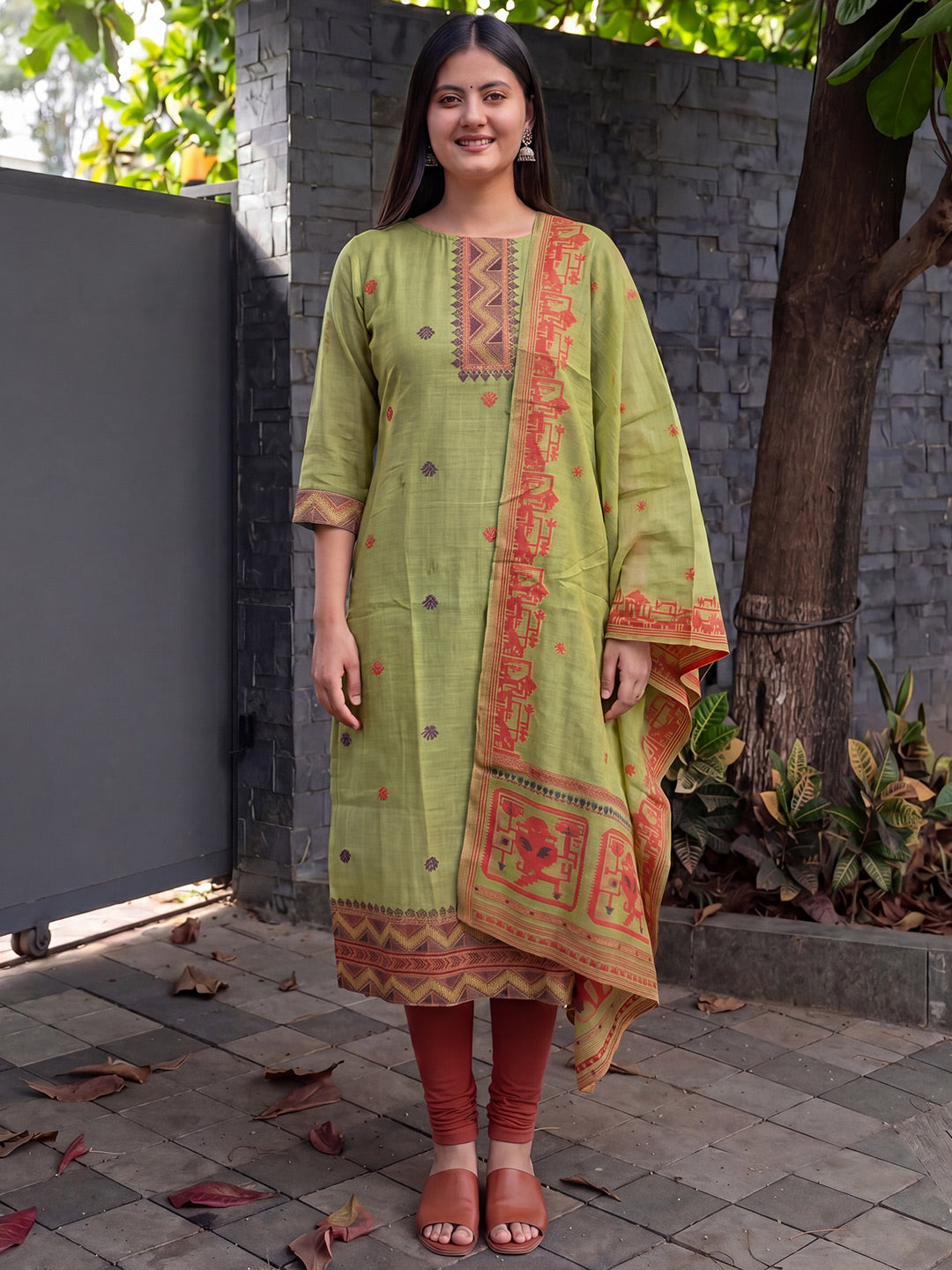 Olive green jamdani cotton weaving suit