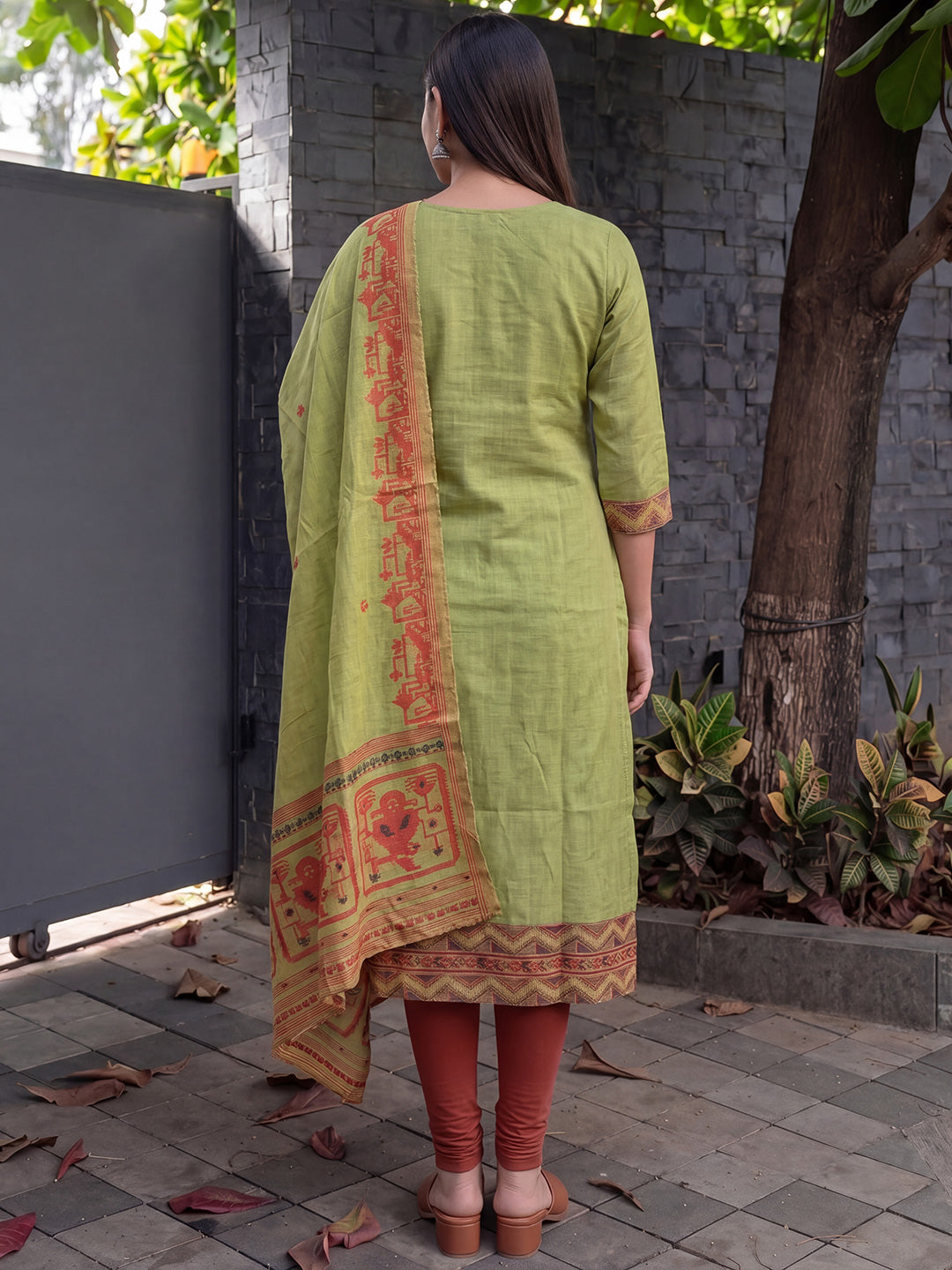 Olive green jamdani cotton weaving suit