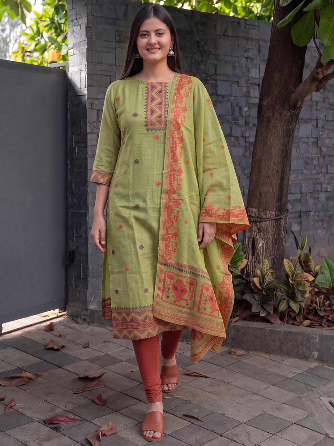 Olive green jamdani cotton weaving suit