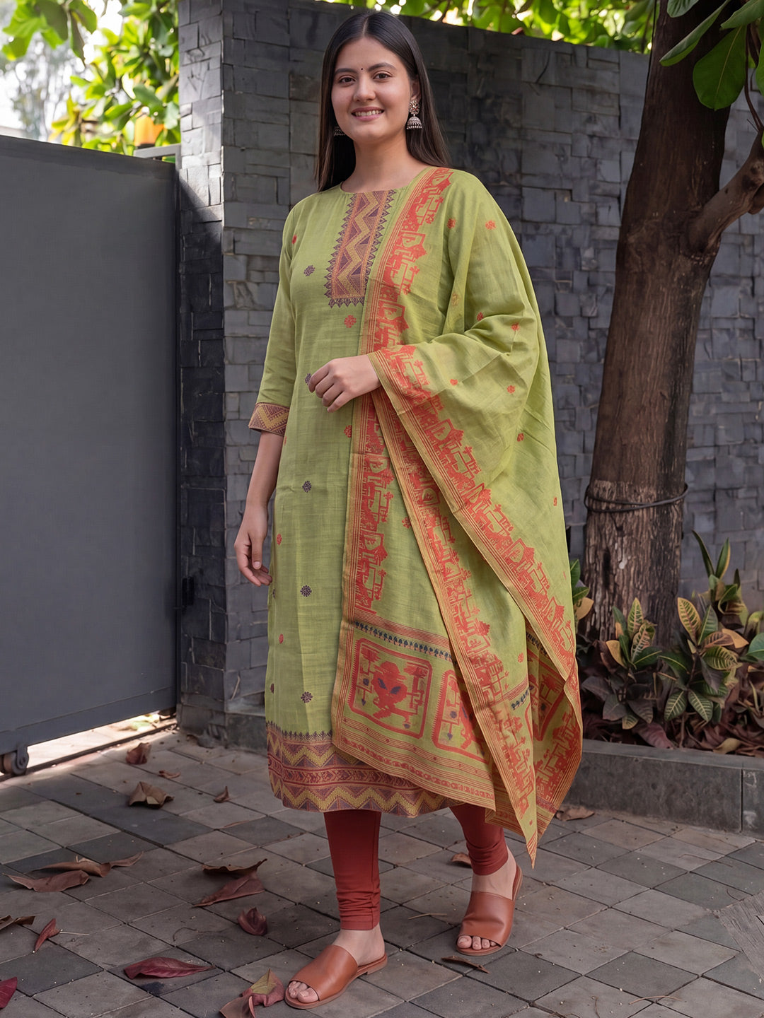 Olive green jamdani cotton weaving suit