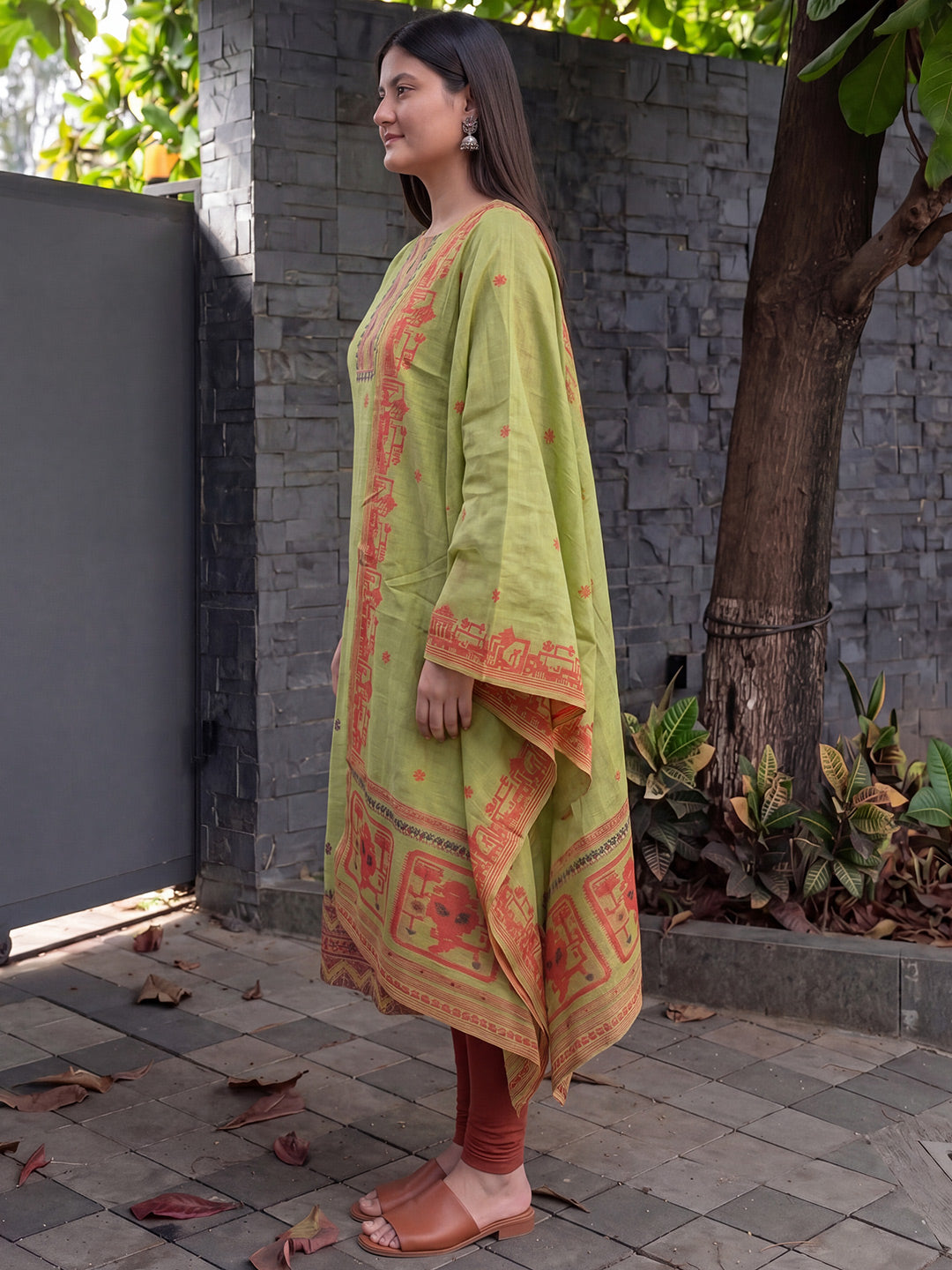 Olive green jamdani cotton weaving suit