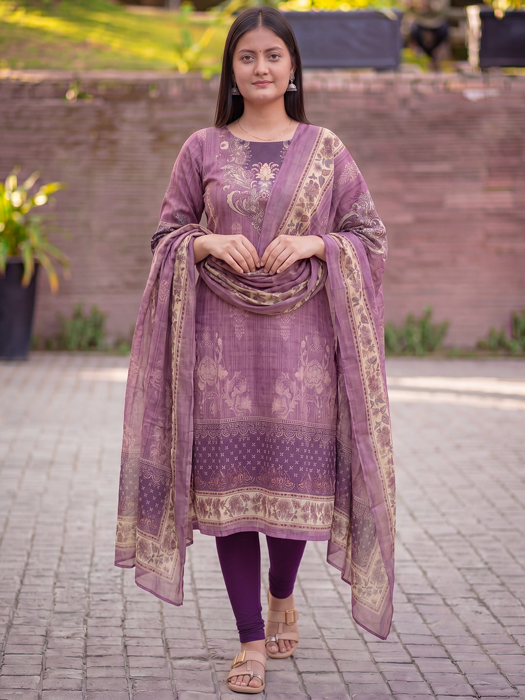 Mauve Jamdani Cotton Straight Fit Kurta And Dupatta