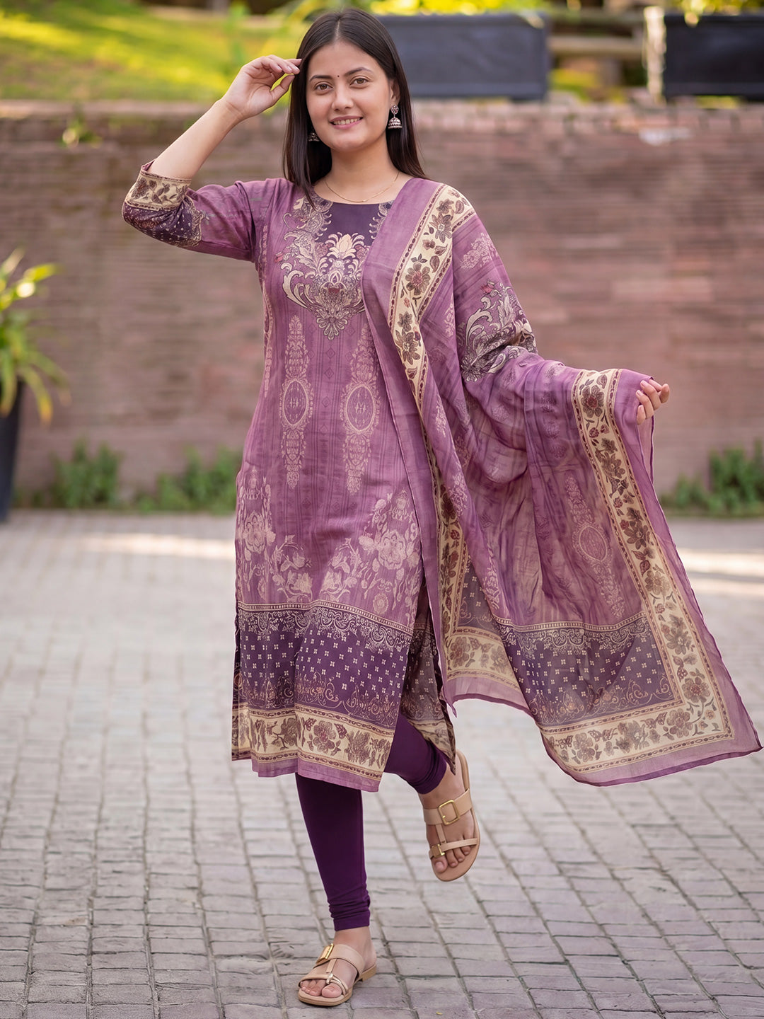 Mauve Jamdani Cotton Straight Fit Kurta And Dupatta