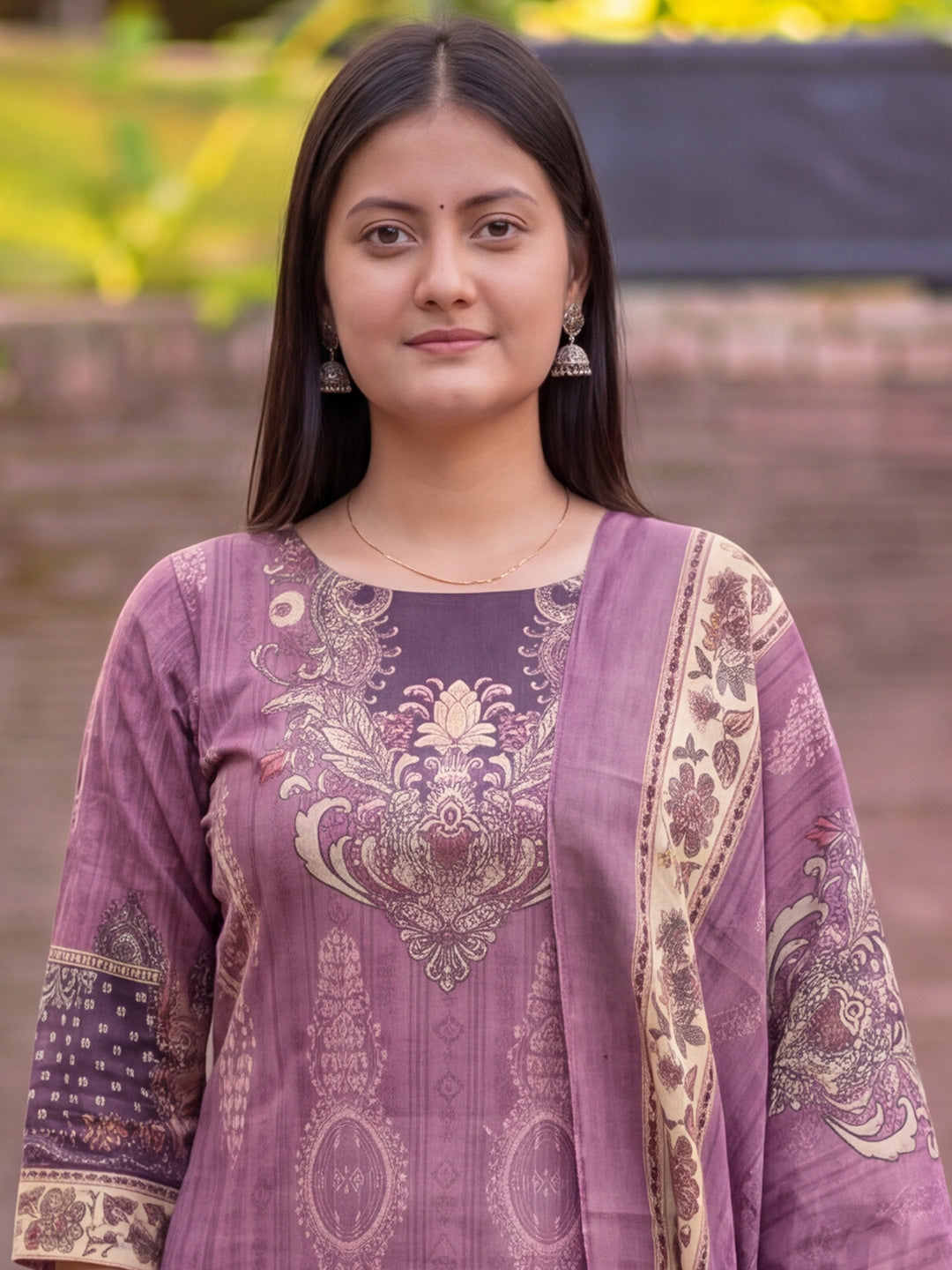 Mauve Jamdani Cotton Straight Fit Kurta And Dupatta