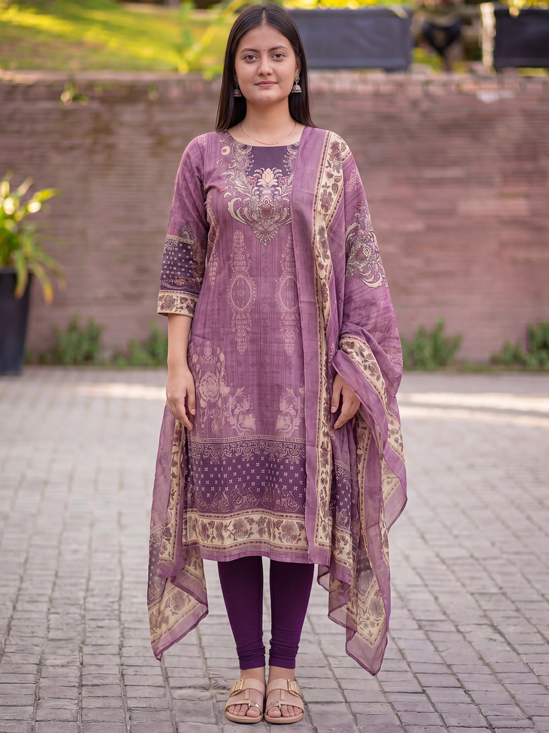 Mauve Jamdani Cotton Straight Fit Kurta And Dupatta