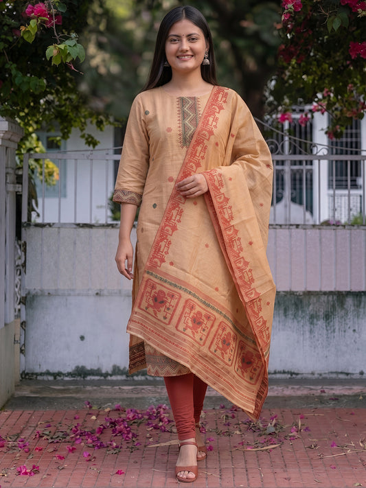 Peach Jamdani Cotton Straight Fit Festive Kurta And Dupatta