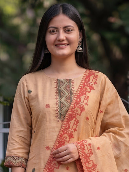 Peach Jamdani Cotton Straight Fit Festive Kurta And Dupatta