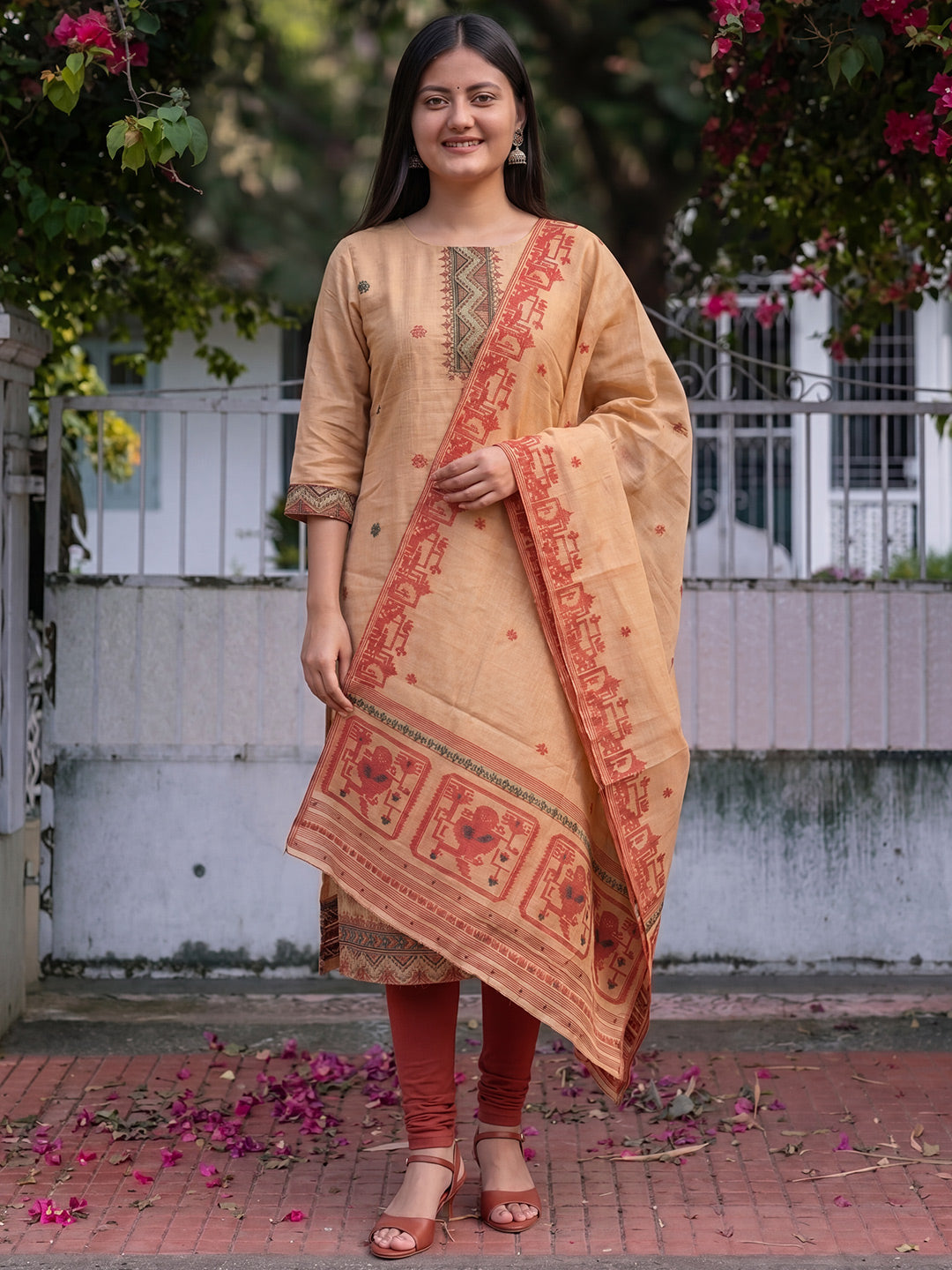 Peach Jamdani Cotton Straight Fit Festive Kurta And Dupatta