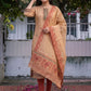 Peach Jamdani Cotton Straight Fit Festive Kurta And Dupatta