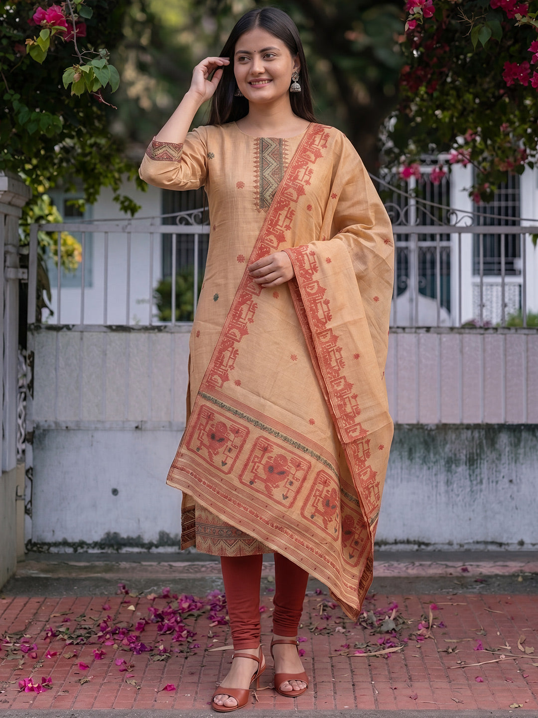 Peach Jamdani Cotton Straight Fit Festive Kurta And Dupatta