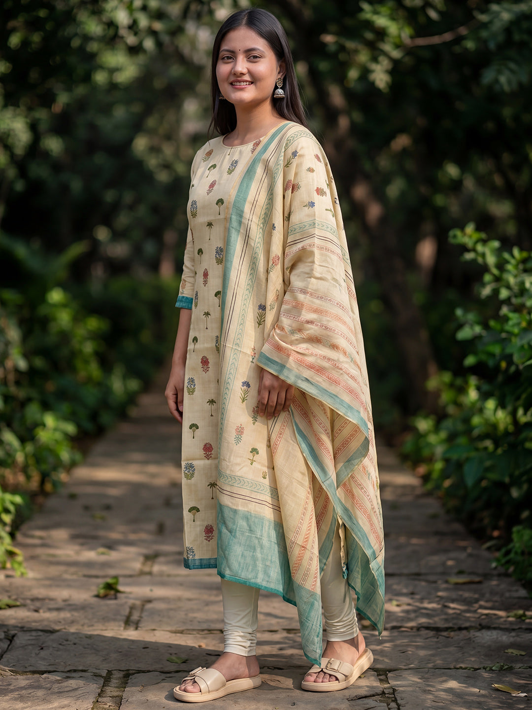 Cream Jamdani Cotton Festive Kurta And Dupatta