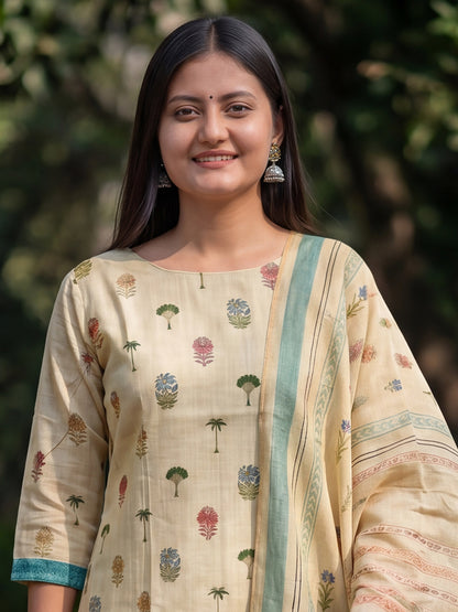 Cream Jamdani Cotton Festive Kurta And Dupatta