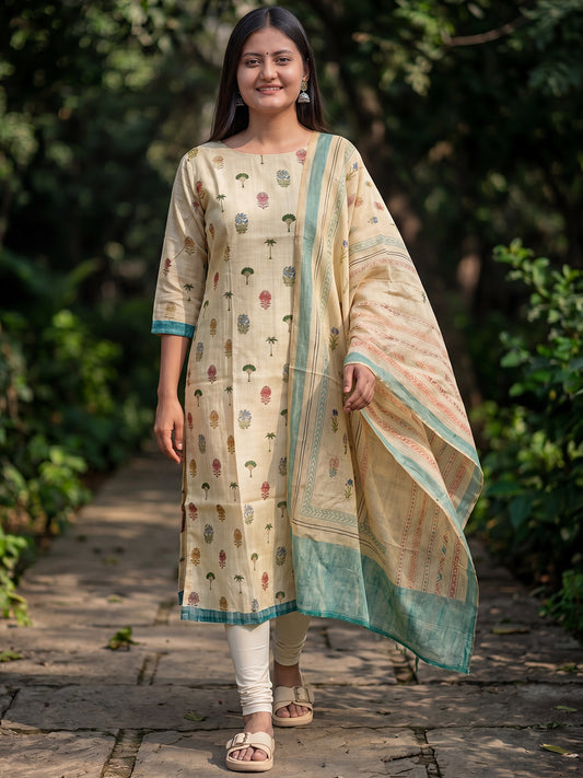 Cream Jamdani Cotton Festive Kurta And Dupatta