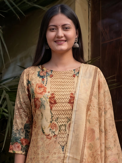 Beige Jamdani Cotton Straight Fit Festive Kurta And Dupatta