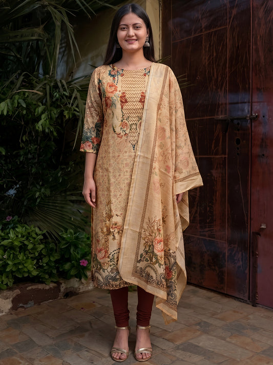 Beige Jamdani Cotton Straight Fit Festive Kurta And Dupatta