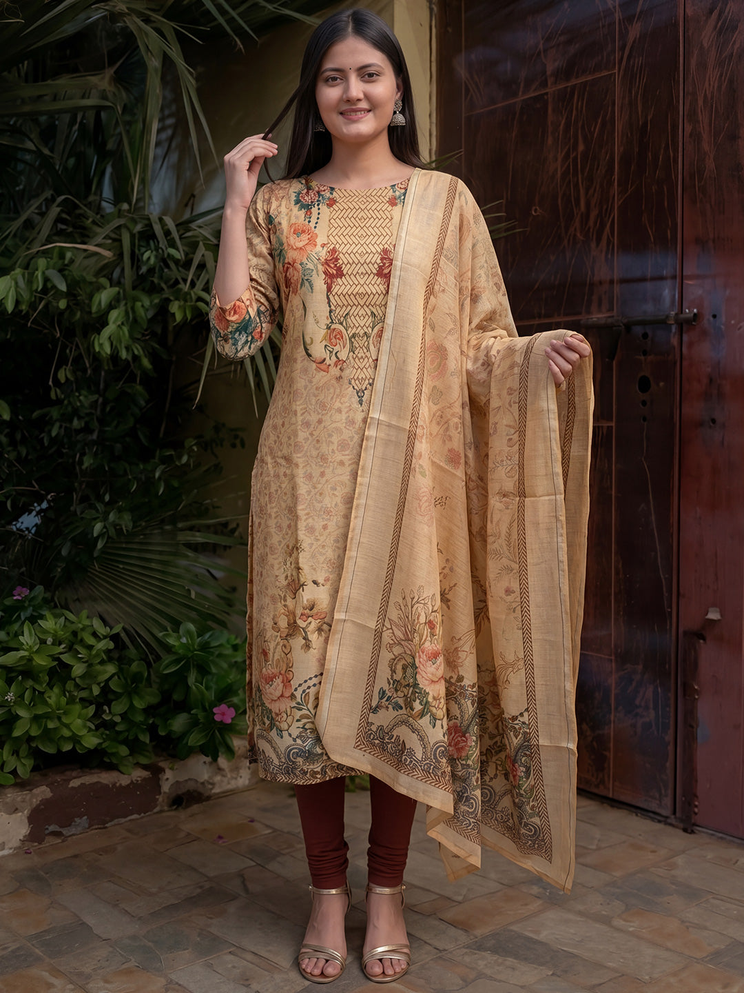 Beige Jamdani Cotton Straight Fit Festive Kurta And Dupatta