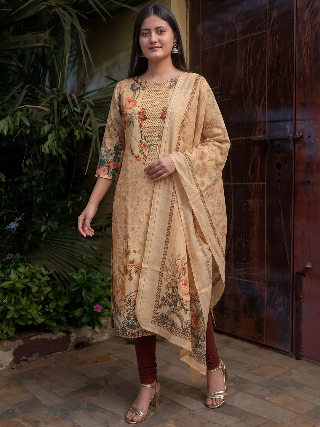 Beige Jamdani Cotton Straight Fit Festive Kurta And Dupatta