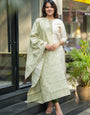 Cream And Green Cotton Kurta and Dupatta