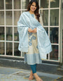 Cream And Sky Blue Jamdani Cotton Kurta And Dupatta