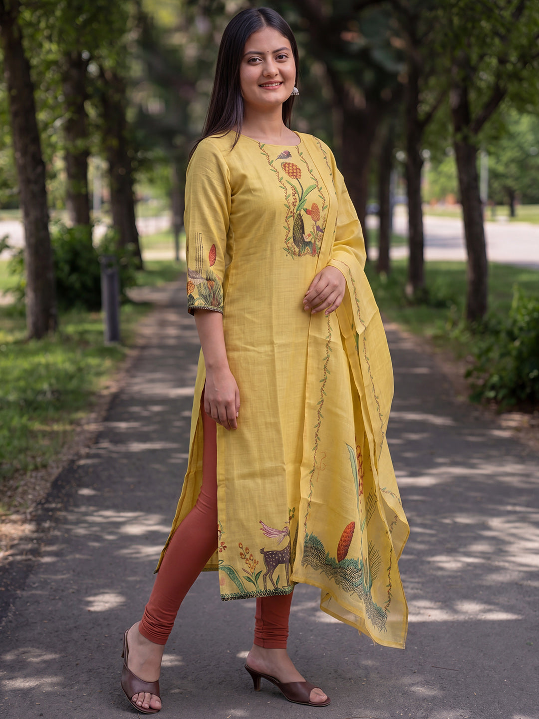 Yellow Jamdani Cotton Straight Fit Festive Kurta And Dupatta