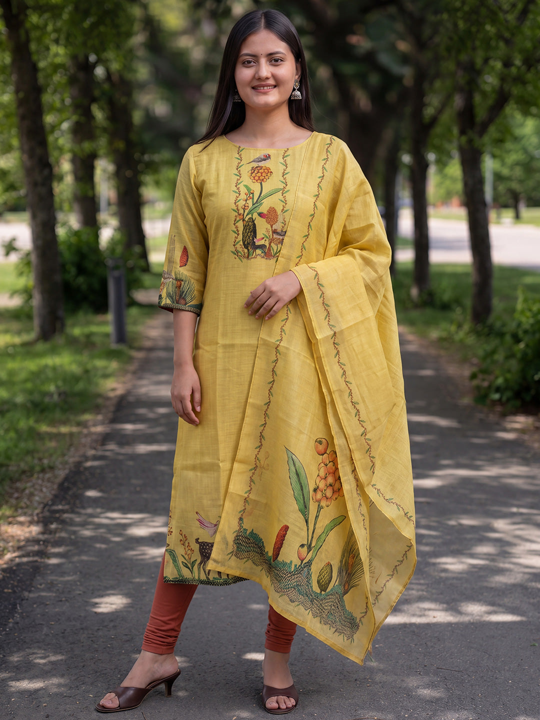 Yellow Jamdani Cotton Straight Fit Festive Kurta And Dupatta