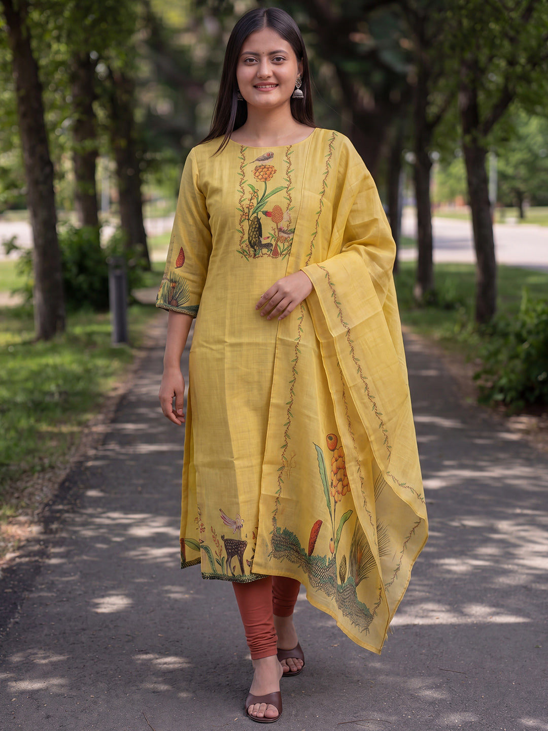 Yellow Jamdani Cotton Straight Fit Festive Kurta And Dupatta