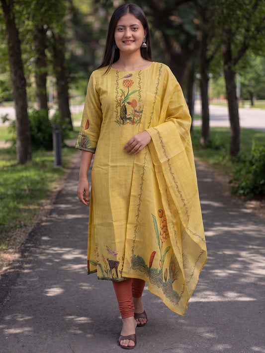 Yellow Jamdani Cotton Straight Fit Festive Kurta And Dupatta