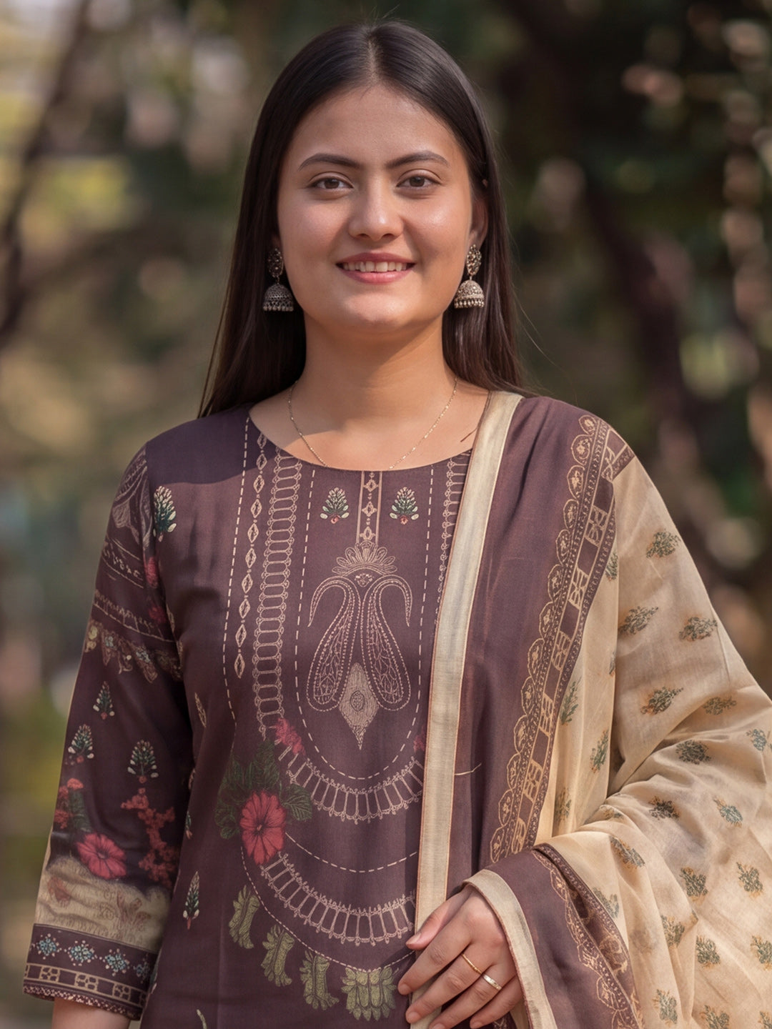 Brown Jamdani Cotton Straight Fit Festive Kurta And Dupatta