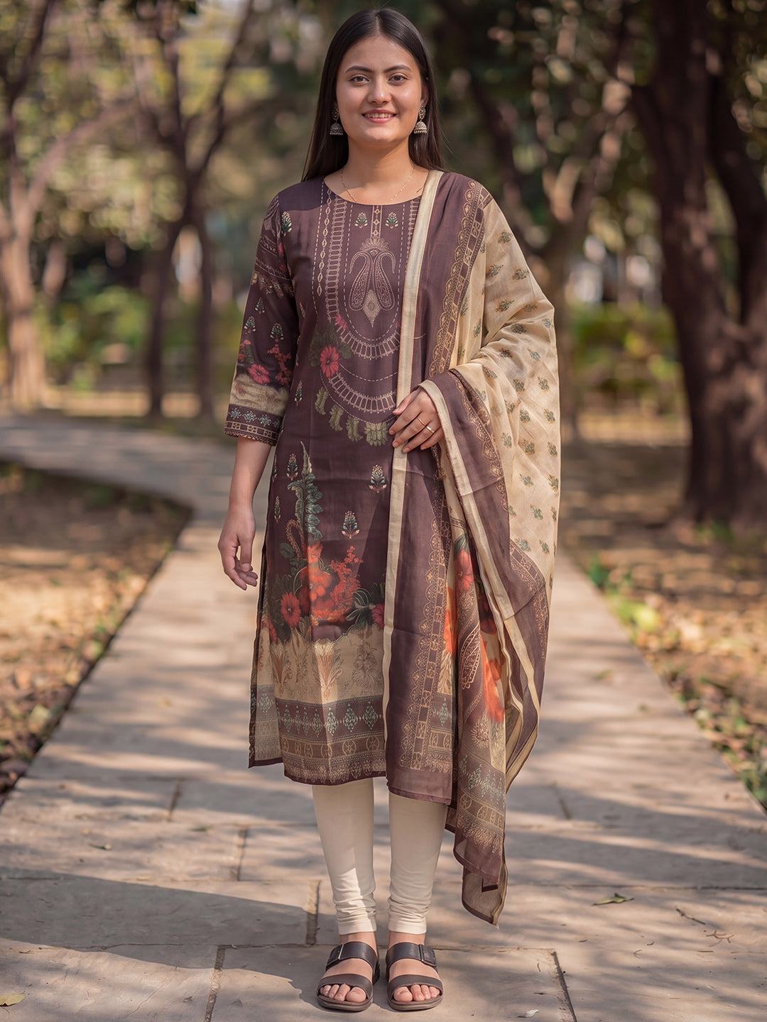 Brown Jamdani Cotton Straight Fit Festive Kurta And Dupatta