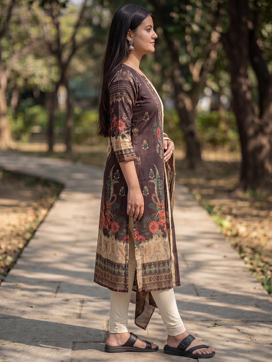 Brown Jamdani Cotton Straight Fit Festive Kurta And Dupatta