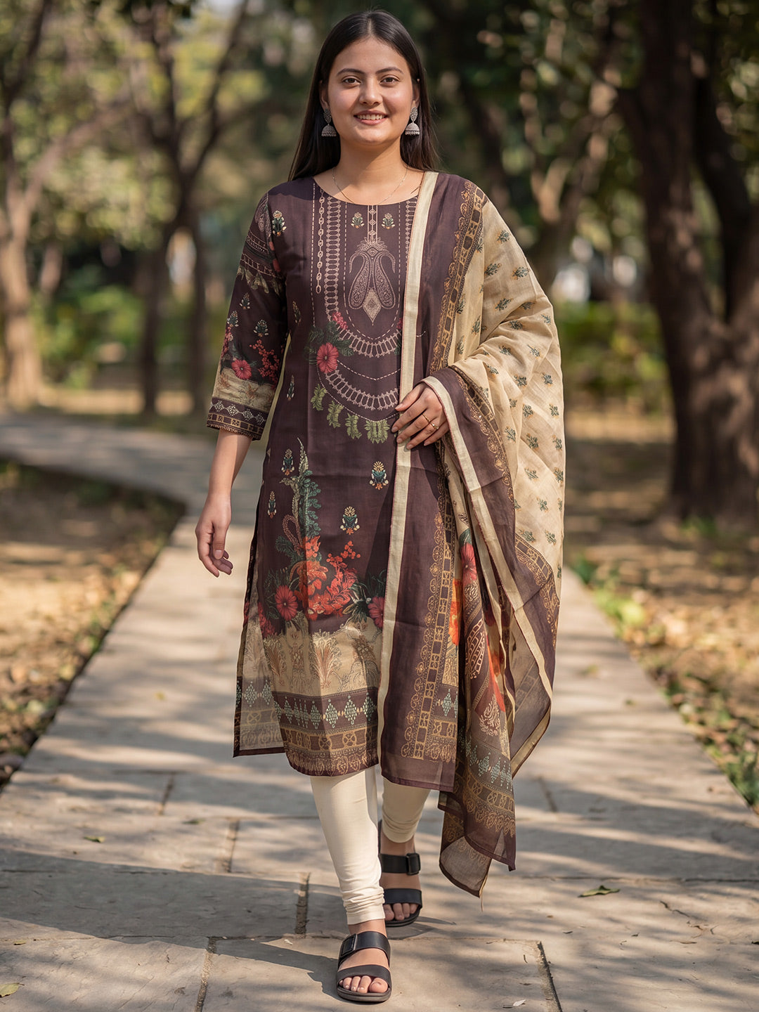 Brown Jamdani Cotton Straight Fit Festive Kurta And Dupatta