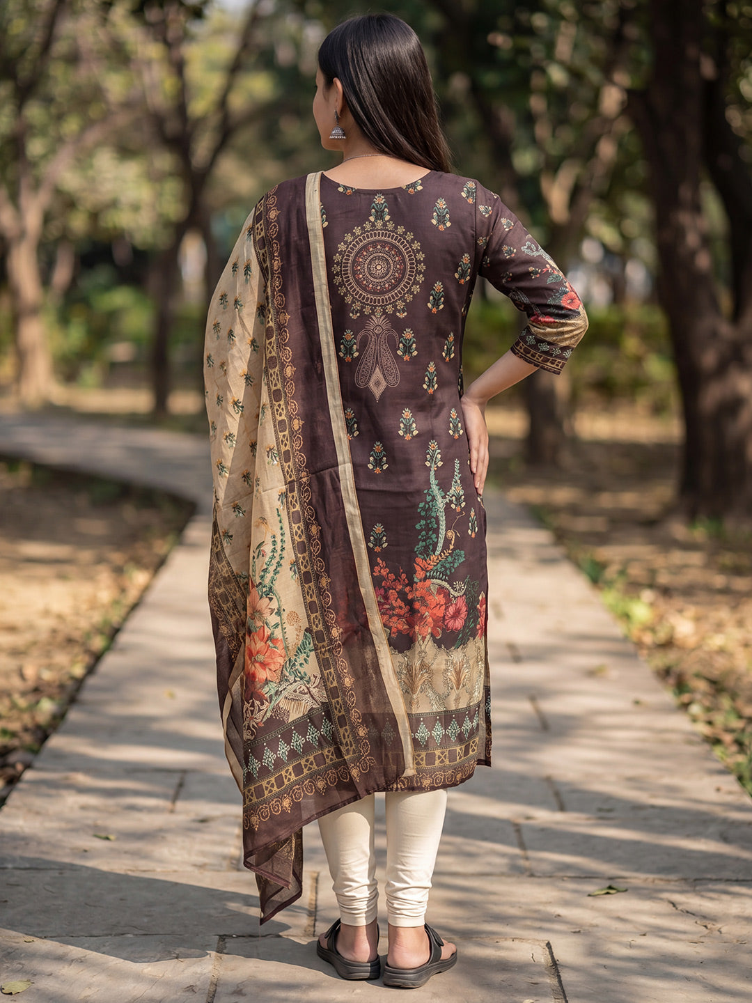 Brown Jamdani Cotton Straight Fit Festive Kurta And Dupatta