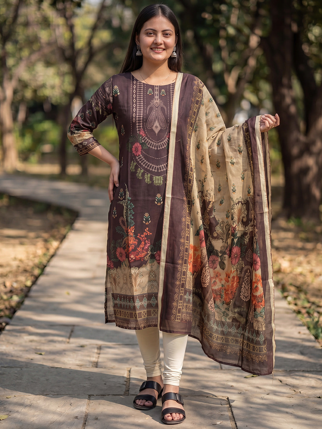 Brown Jamdani Cotton Straight Fit Festive Kurta And Dupatta