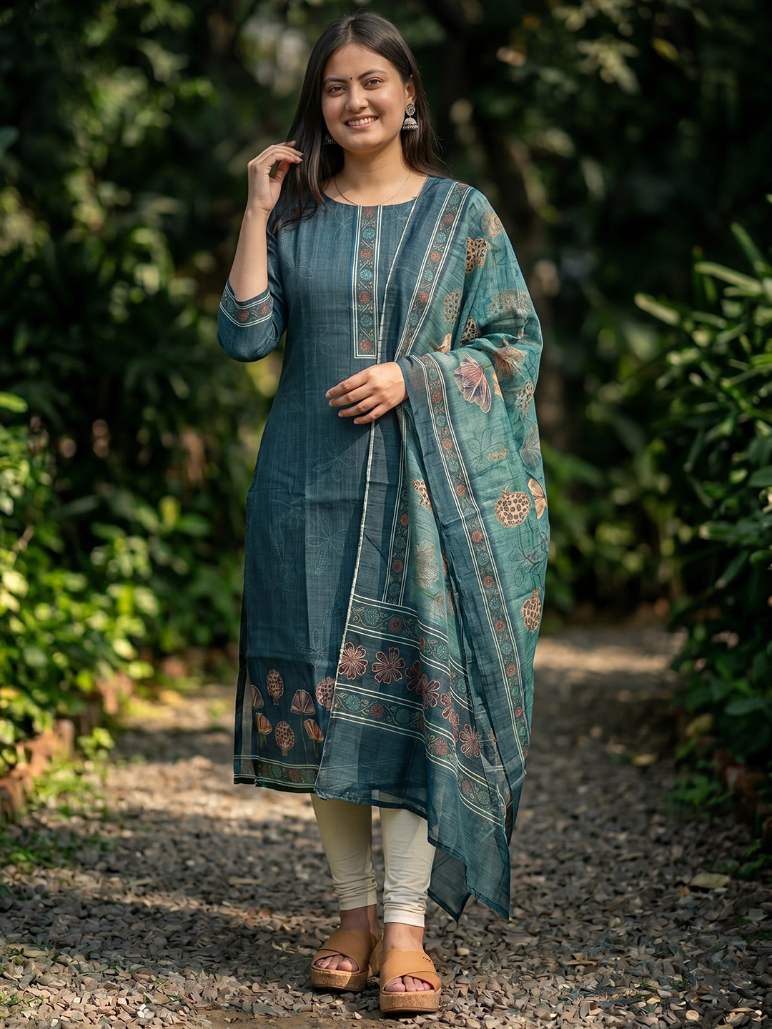 Blue Jamdani Cotton Straight Fit Festive Kurta And Dupatta