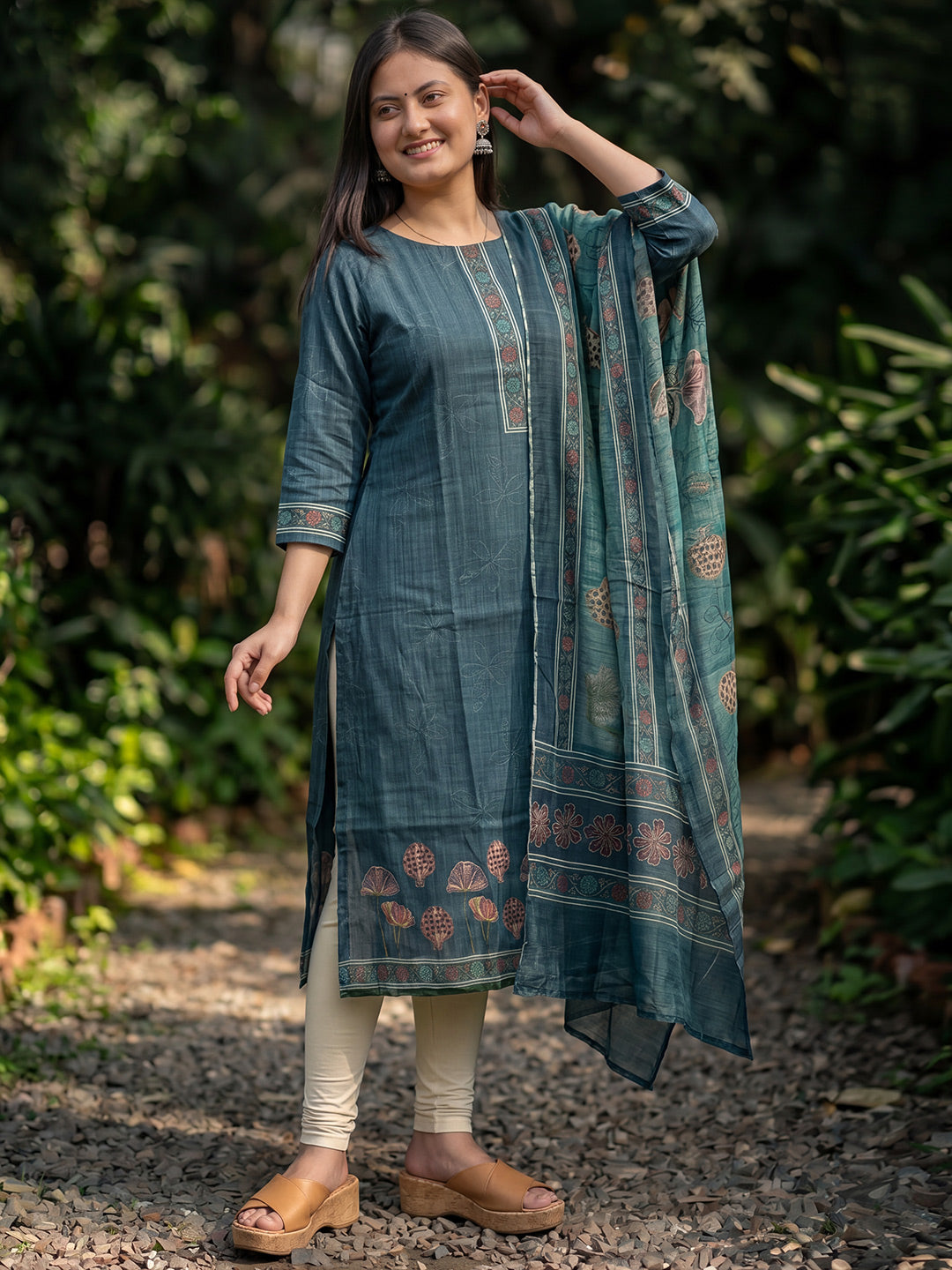 Blue Jamdani Cotton Straight Fit Festive Kurta And Dupatta