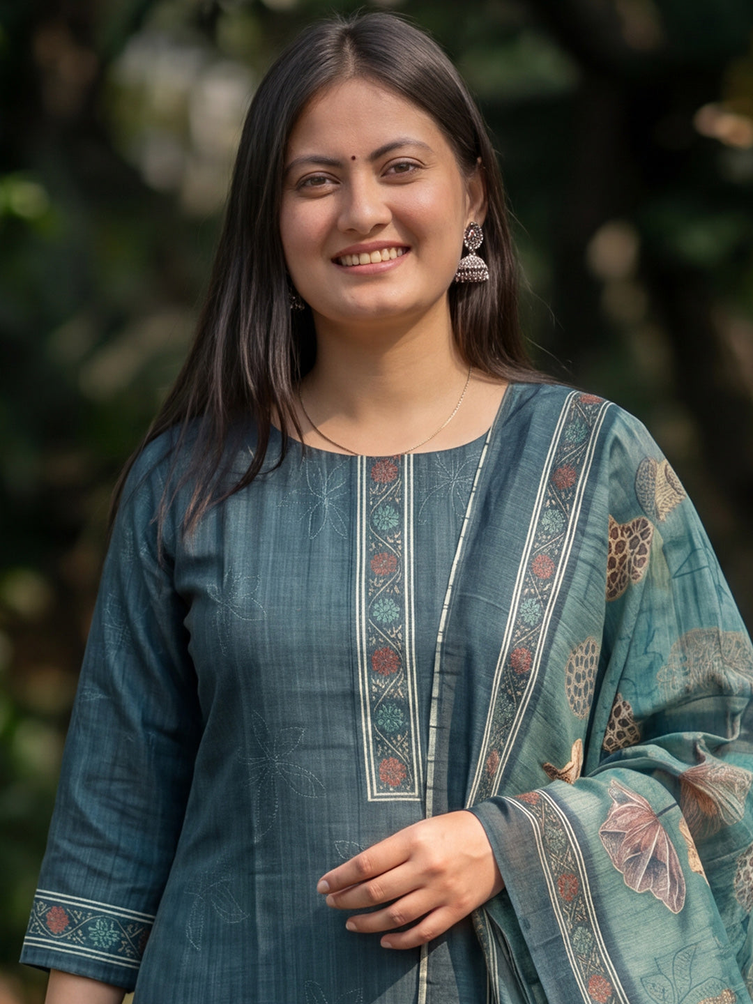 Blue Jamdani Cotton Straight Fit Festive Kurta And Dupatta
