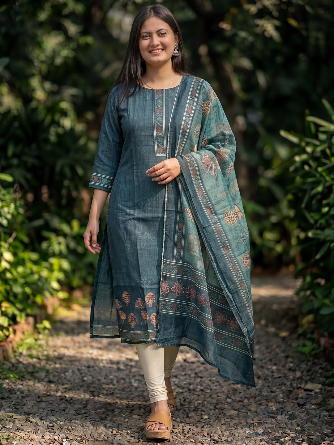 Blue Jamdani Cotton Straight Fit Festive Kurta And Dupatta