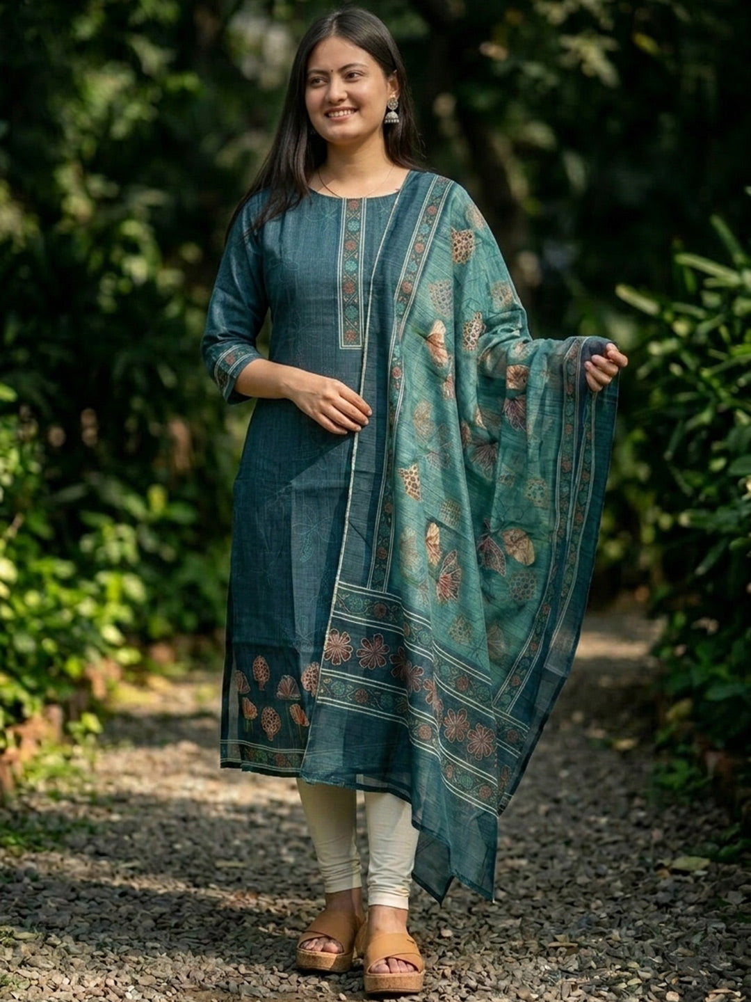 Blue Jamdani Cotton Straight Fit Festive Kurta And Dupatta