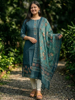 Blue Jamdani Cotton Straight Fit Festive Kurta And Dupatta