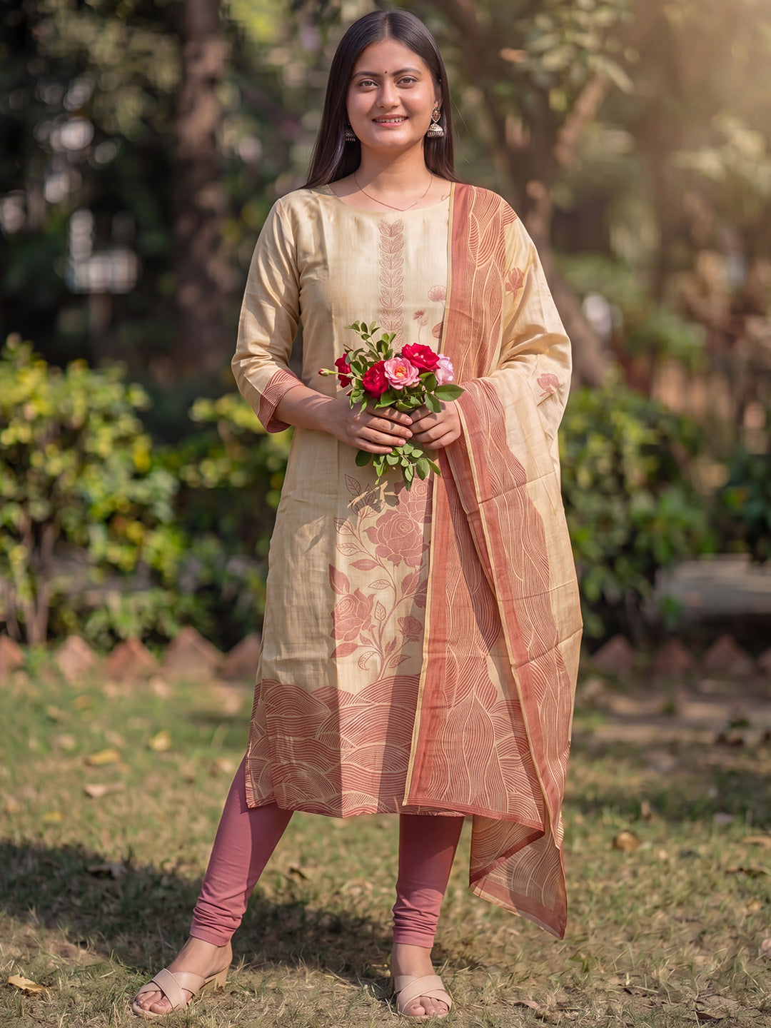 Beige Jamdani Cotton Straight Fit Festive Kurta And Dupatta